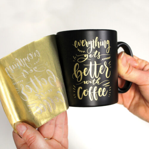 Black Mug with gold design being transferred using Forever Transfers Multi-Trans Gold Paper Black Mug with gold design being transferred using Forever Transfers Multi-Trans Gold Paper