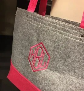 Embroidered Grey and Pink Monogram Bag using Melco EMT16X Embroidery Machine Embroidered Grey and Pink Monogram Bag using Melco EMT16X Embroidery Machine