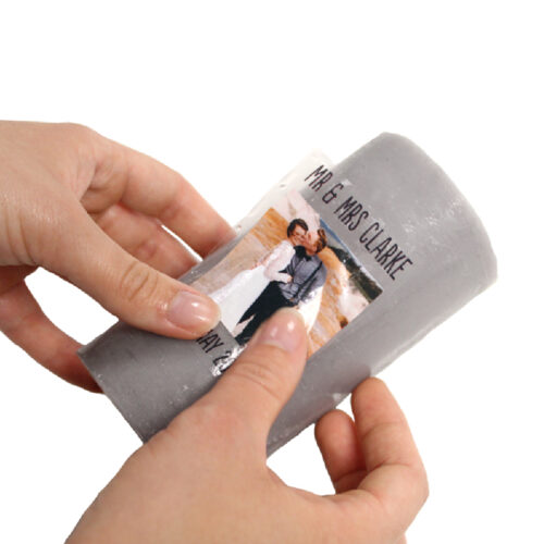 Grey candle with personalised wedding design made with Forever Transfers Waterslide Heat Transfer Paper Grey candle with personalised wedding design made with Forever Transfers Waterslide Heat Transfer Paper