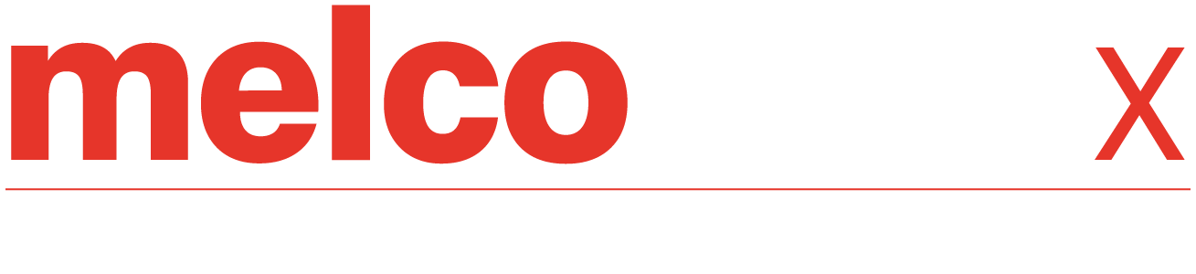 Melco EMT16X Next Generation Embroidery Logo in white with transparent background Melco EMT16X Next Generation Embroidery Logo in white with transparent background